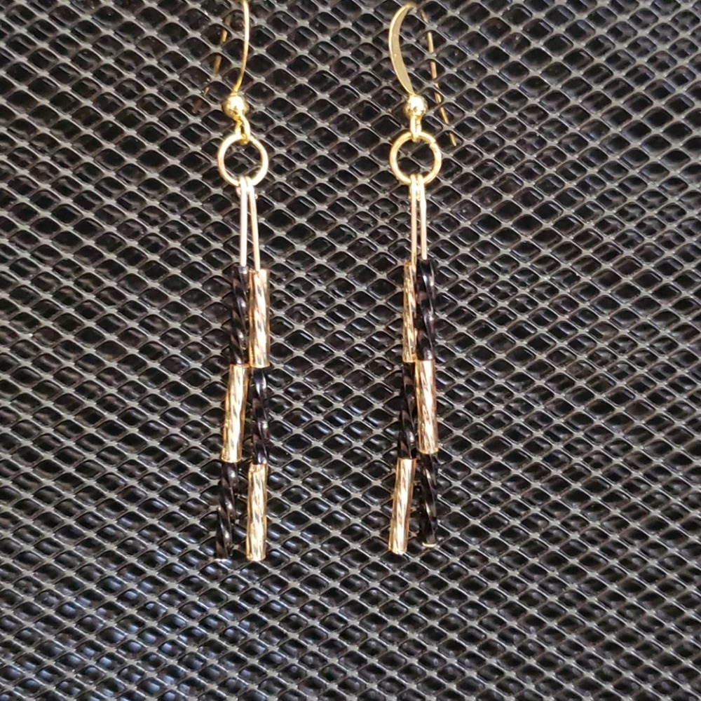 Black and gold bugle bead earrings